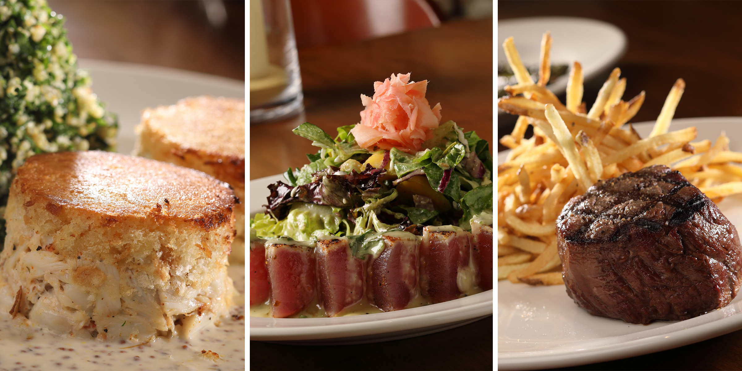 Maryland-style crab cakes, tuna salad and filet mignon.