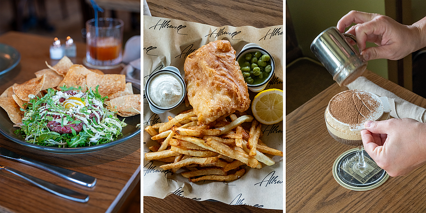 The steak tartare, topped with a quail egg and served with crisp house chips; classic fish and chips; and an espresso martini.