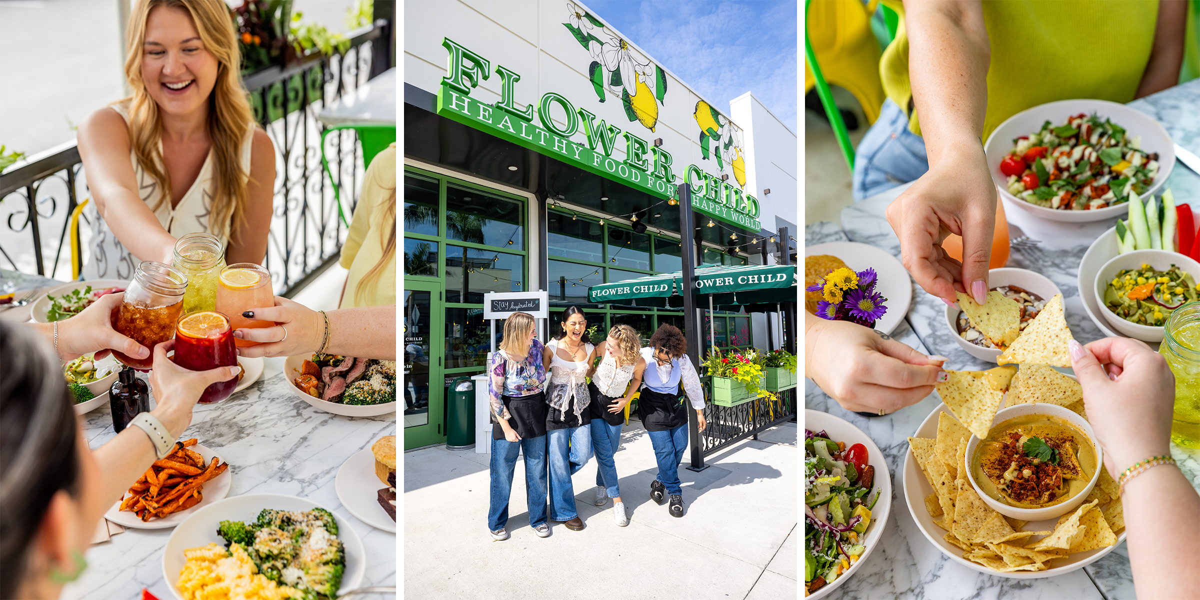 Flower Child's signature rose-petal lemonade and seasonal sangria (left) and house-made hummus (right).