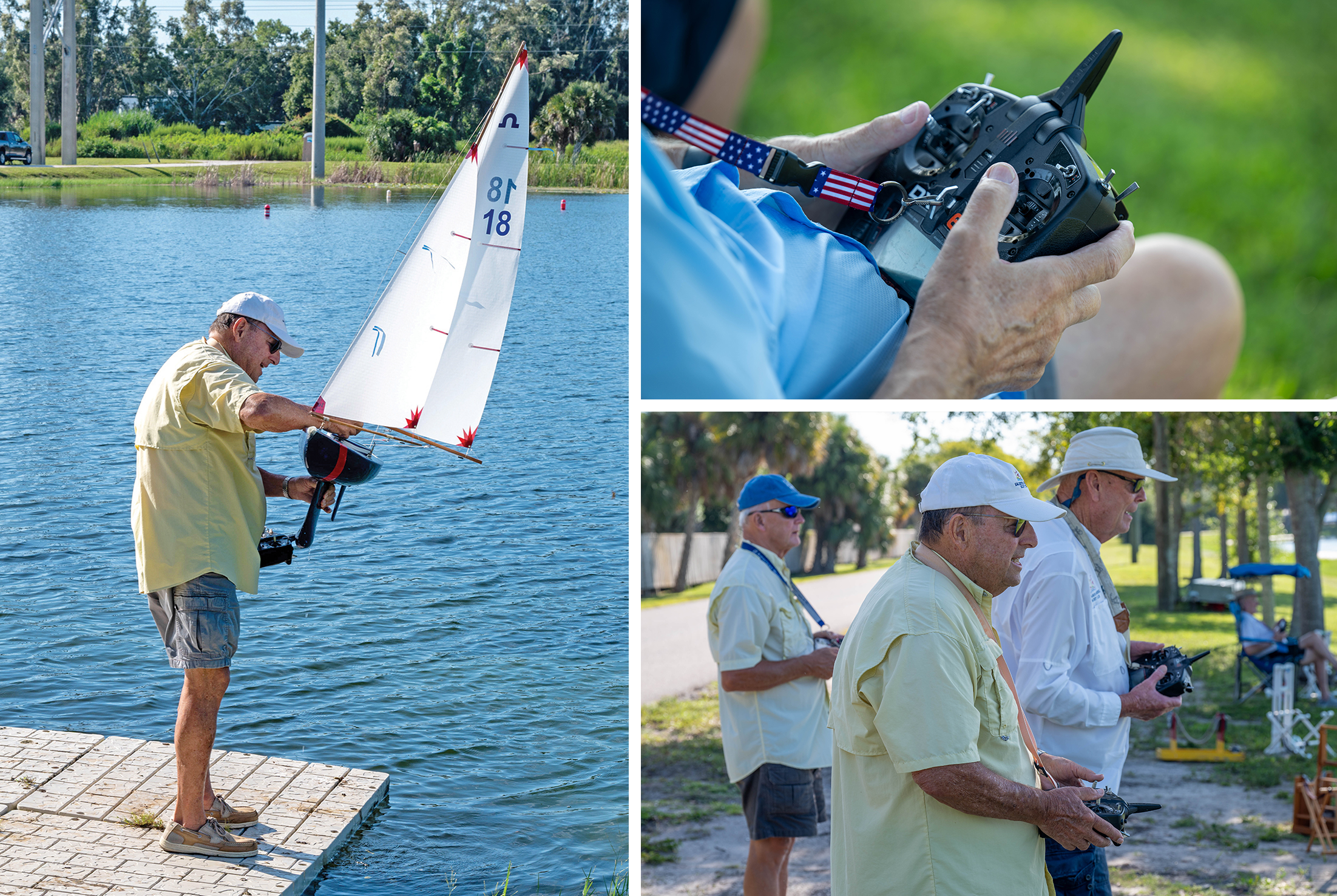 Bill Schmeising, commodore of the Sarasota Model Yacht Club, at the helm of his “toy boat” on Green Parrot Lake.