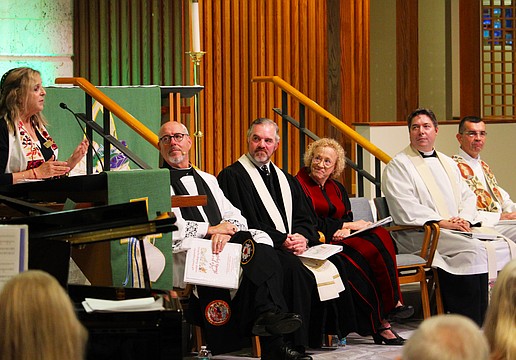 Rabbi Jessica Spitalnic Mates delivers the central sermon at the 45th interfaith Thanksgiving service hosted by St. Armands Key Lutheran Church on Nov. 18. She was joined by SAKLC's Rev. Kenneth Blyth, Longboat Island Chapel's Rev. Brock Patterson, Christ Church of Longboat Key's Rev. Julia Piermont, All Angels by the Sea Episcopal Church's Rev. David Marshall and St. Mary, Star of the Sea, Catholic Church's Fr. Robert Dziedziak.