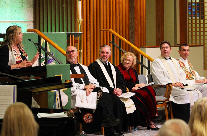 Rabbi Jessica Spitalnic Mates delivers the central sermon at the 45th interfaith Thanksgiving service hosted by St. Armands Key Lutheran Church on Nov. 18. She was joined by SAKLC's Rev. Kenneth Blyth, Longboat Island Chapel's Rev. Brock Patterson, Christ Church of Longboat Key's Rev. Julia Piermont, All Angels by the Sea Episcopal Church's Rev. David Marshall and St. Mary, Star of the Sea, Catholic Church's Fr. Robert Dziedziak.