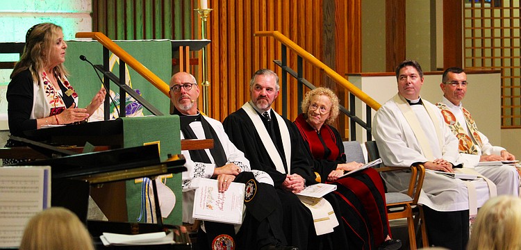 Rabbi Jessica Spitalnic Mates delivers the central sermon at the 45th interfaith Thanksgiving service hosted by St. Armands Key Lutheran Church on Nov. 18. She was joined by SAKLC's Rev. Kenneth Blyth, Longboat Island Chapel's Rev. Brock Patterson, Christ Church of Longboat Key's Rev. Julia Piermont, All Angels by the Sea Episcopal Church's Rev. David Marshall and St. Mary, Star of the Sea, Catholic Church's Fr. Robert Dziedziak.