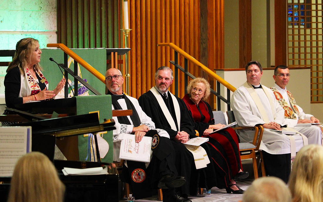 Rabbi Jessica Spitalnic Mates delivers the central sermon at the 45th interfaith Thanksgiving service hosted by St. Armands Key Lutheran Church on Nov. 18. She was joined by SAKLC's Rev. Kenneth Blyth, Longboat Island Chapel's Rev. Brock Patterson, Christ Church of Longboat Key's Rev. Julia Piermont, All Angels by the Sea Episcopal Church's Rev. David Marshall and St. Mary, Star of the Sea, Catholic Church's Fr. Robert Dziedziak.