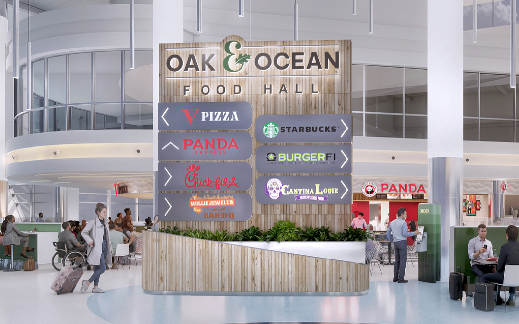 Jacksonville International Airport is developing a food hall inside its Concourse B addition. Chick-fil-A, Panda Express, V Pizza and Willie Jewell’s Old School Bar-B-Q have been confirmed as tenants so far.