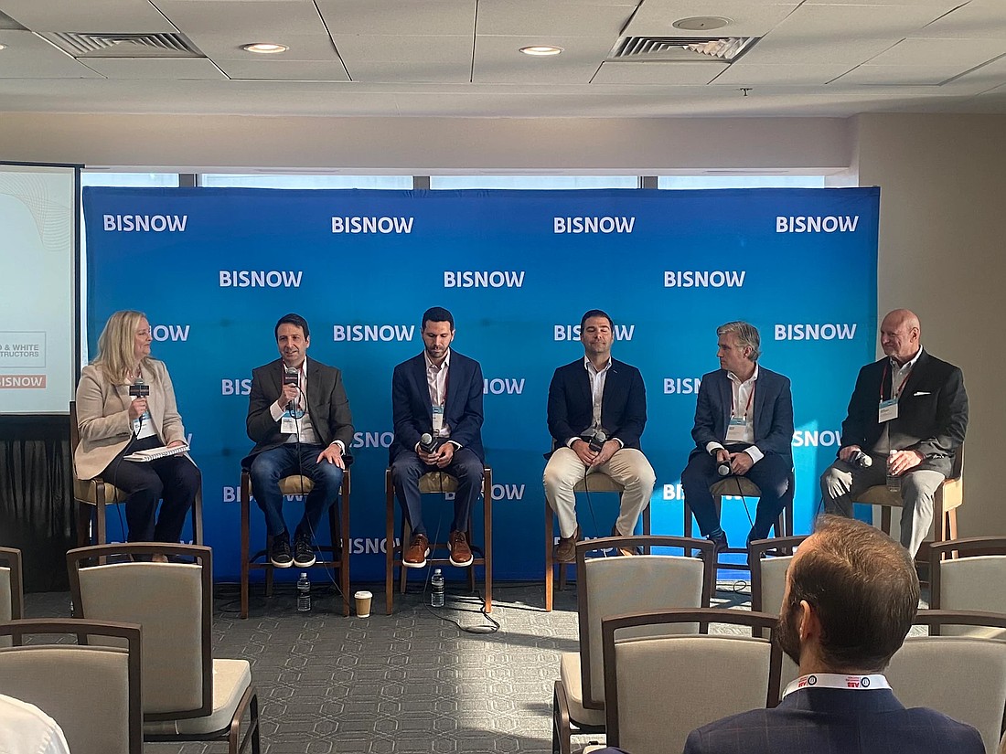Bisnow hosted a panel discussion about Downtown at The River Club on Nov. 20. From left, moderator Kellie Humphries, Downtown Investment Authority CEO Colin Tarbert; Gateway Jax Head of Development Eric Schullman;, JWB Real Estate Capital President Alex Sifakis; Jacksonville Jaguars Senior Vice President, Real Estate and Development Drew Frick; and Chase Properties President and CEO Mike Balanky.