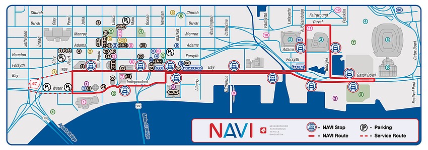 The NAVI route map through Downtown Jacksonville.