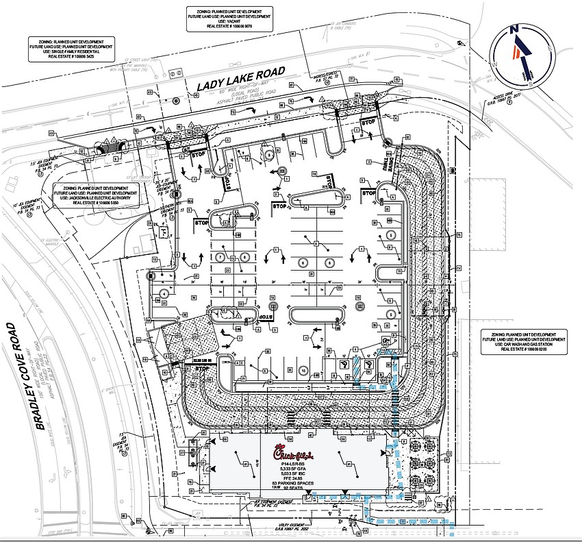 The entrance to the Chick-fil-A at 705 Duval Station Road in North Jacksonville is from Lady Lake Road. Customers would enter through the North Creek subdivision entrance on Bradley Cove or through the Publix-anchored Duval Station Centre shopping center.