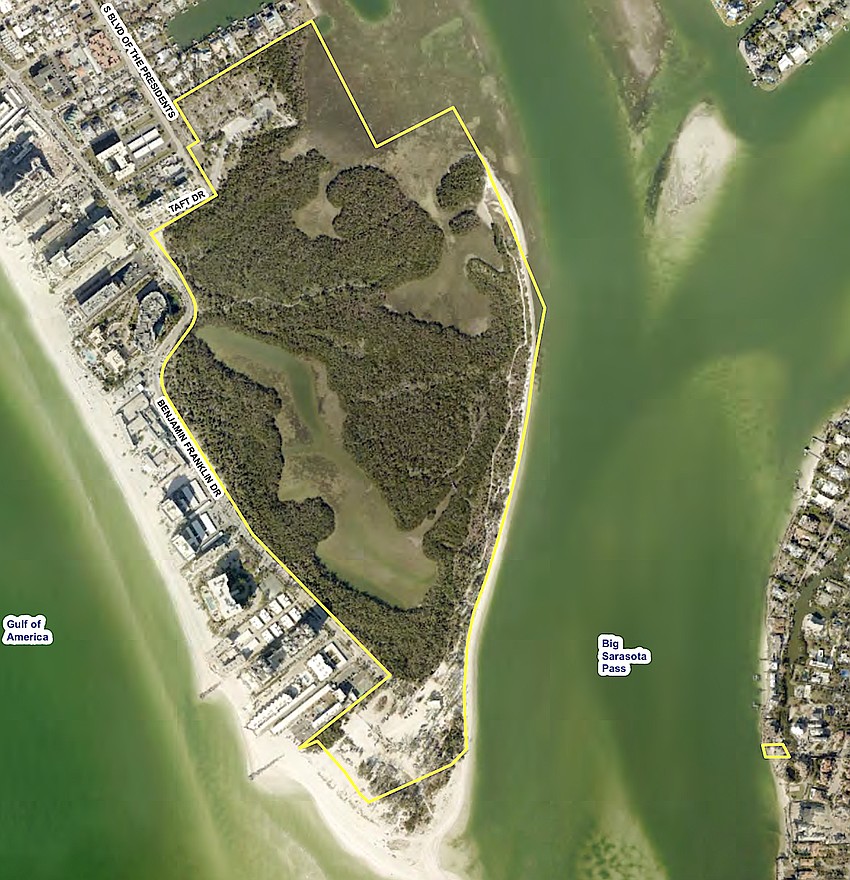 Ted Sperling Park on the southern end of Lido Key is outlined in yellow.