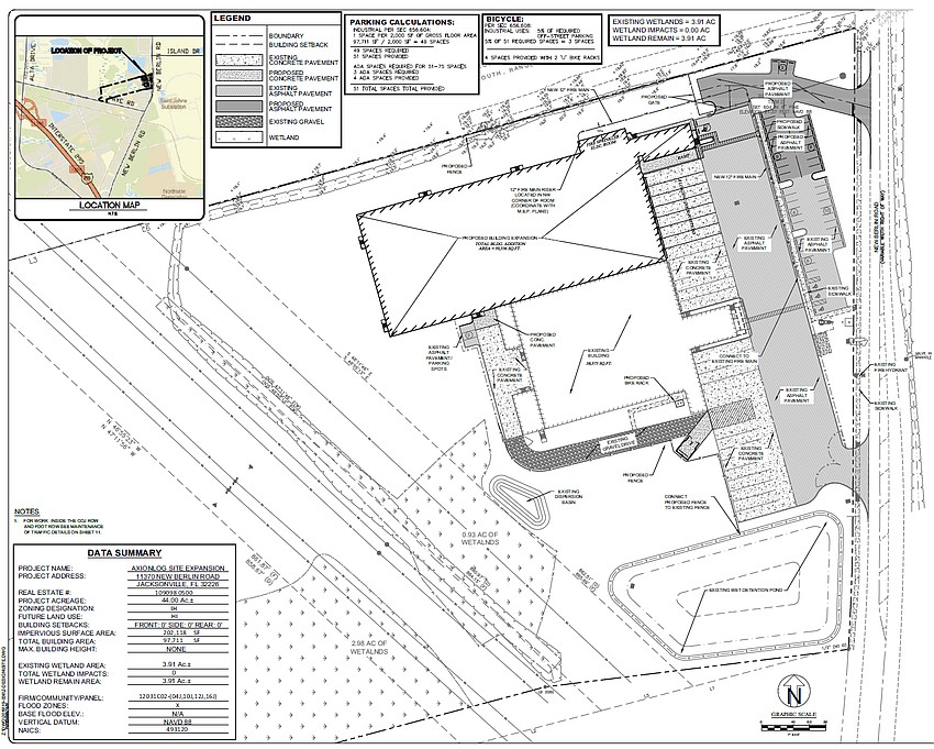 The Axionlog site plan shows a 59,336-square-foot expansion north of its current building with additional pavement and site work. The North Jacksonville facility is at 11370 New Berlin Road.