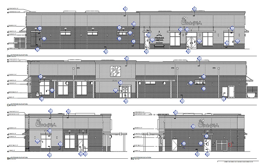 The design elevations for the Chick-Fil-A at 705 Duval Station Road.