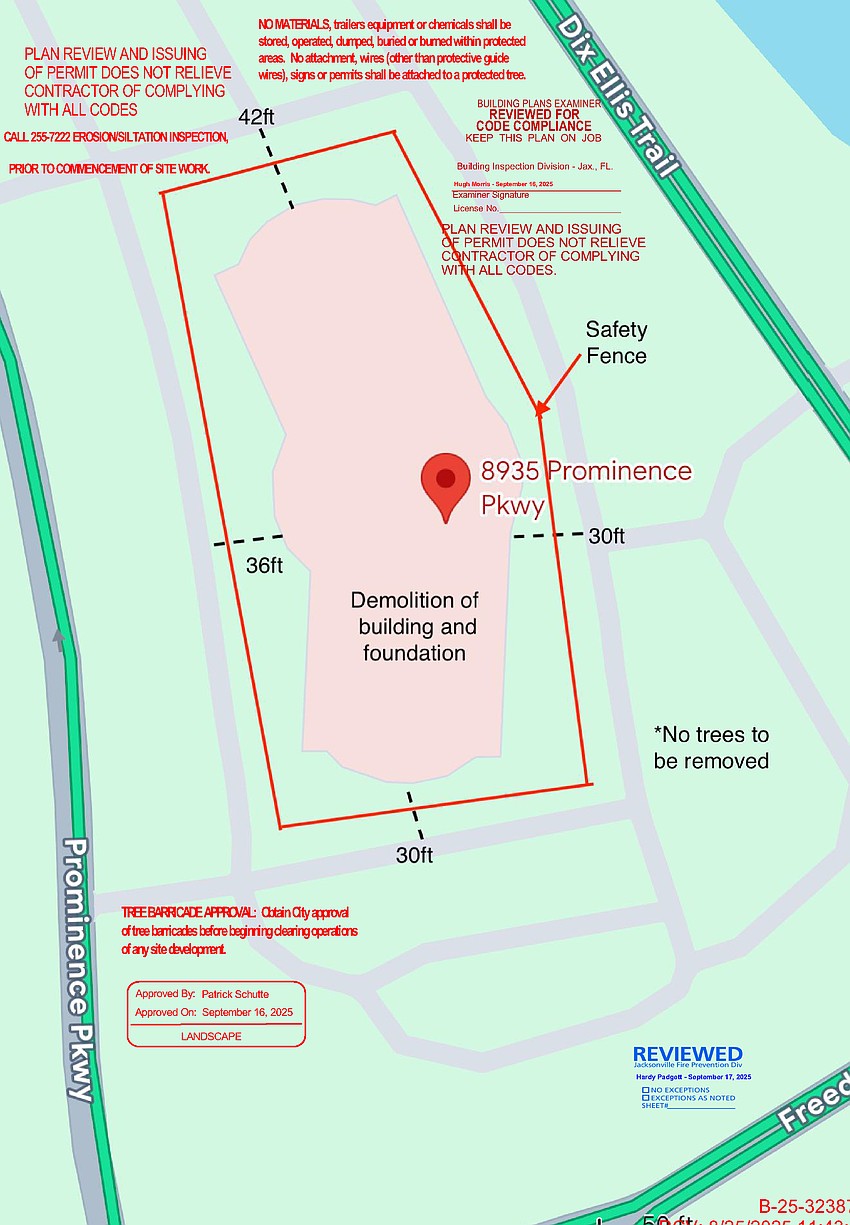 The plan for the demolition of Building 300 at 8935 Prominence Parkway.