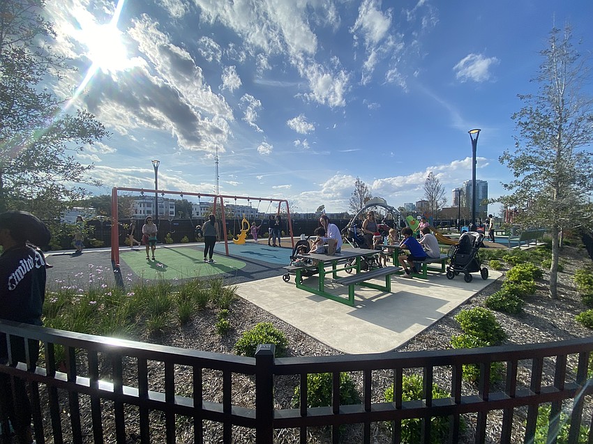 Swings are part of the play areas at RiversEdge public parks on the Downtown Jacksonville Southbank. Swings are part of the play areas at RiversEdge public parks on the Downtown Jacksonville Southbank.