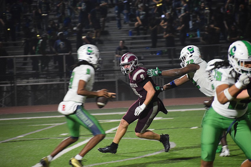 Blowing by the left side on the line of scrimmage, Miles Przekwas puts pressure on Sumner quarterback Jameris Conyers. With Przekwas in the fold, Riverview allowed 21.3 points per game this season.