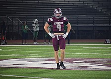 Miles Przekwas stands at midfield between plays during Riverview's matchup with Sumner on Nov. 21 in the FHSAA Class 7A-Region 2 semifinals. He finished his junior season as the team leader in sacks and tackles for loss.