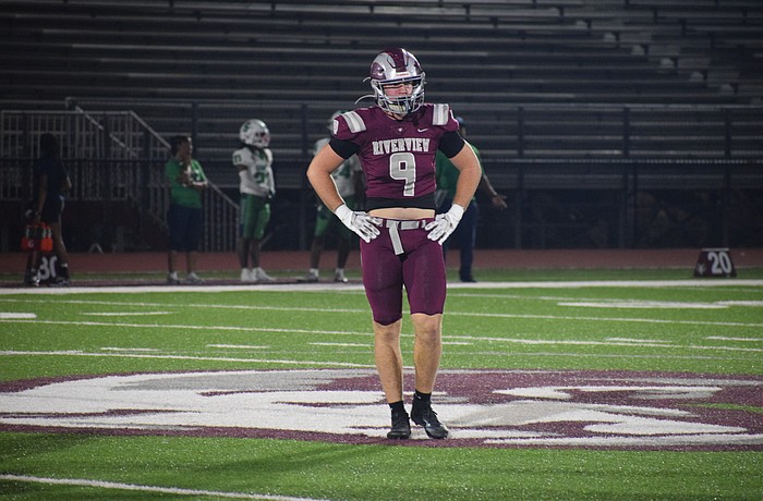 Miles Przekwas stands at midfield between plays during Riverview's matchup with Sumner on Nov. 21 in the FHSAA Class 7A-Region 2 semifinals. He finished his junior season as the team leader in sacks and tackles for loss.