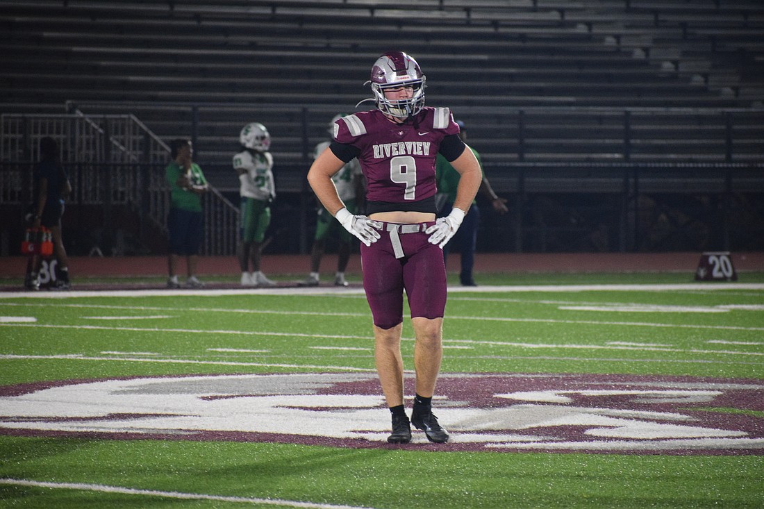 Miles Przekwas stands at midfield between plays during Riverview's matchup with Sumner on Nov. 21 in the FHSAA Class 7A-Region 2 semifinals. He finished his junior season as the team leader in sacks and tackles for loss.