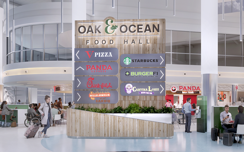 Cantina Louie Mexican Street Food is shown on sign for the Oak & Ocean Food Hall planned inside the new Concourse B at Jacksonville International Airport.
