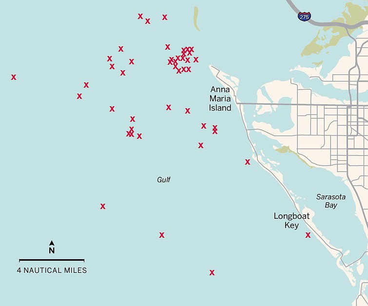 X Marks the Spot:The red X’s indicate where the best sand can be found to use for beach renourishment.