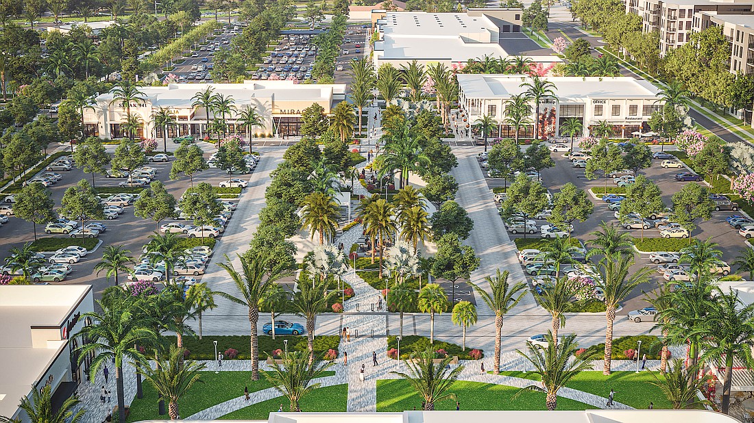 An aerial rendering of a portion of redevelopment plans for Sarasota Square Mall.