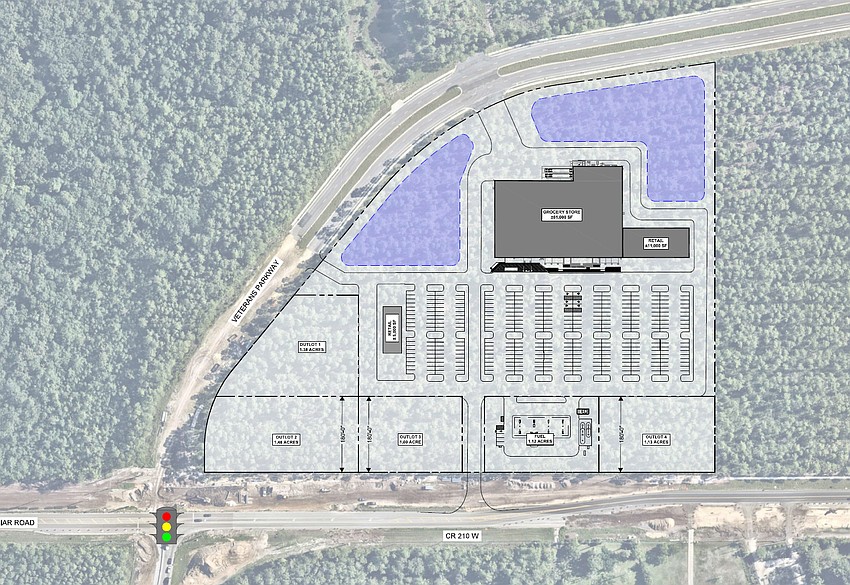 The shopping center at County Road 210 and Veteran’s Parkway shows an 11,000-square-foot retail space adjacent to the grocery and a 5,000-square-foot retail space in the parking lot. There are four outparcels and a 1.12-acre fueling station. The shopping center at County Road 210 and Veteran’s Parkway shows an 11,000-square-foot retail space adjacent to the grocery and a 5,000-square-foot retail space in the parking lot. There are four outparcels and a 1.12-acre fueling station.