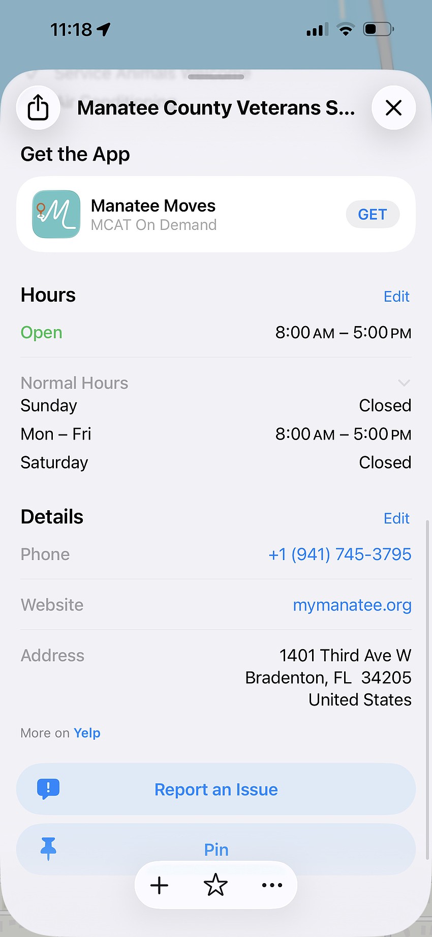 The Manatee Moves app is easy to find on an iPhone. When searching for Manatee County Veterans Services in Apple Maps, the app is included in the listing.