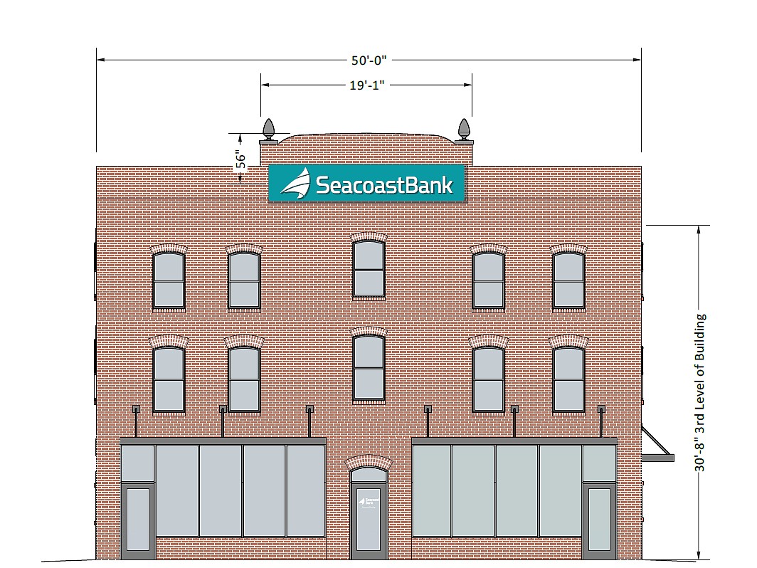 A rendering show the signage for Seacoast Bank at the prominent historic Downtown Southbank building at 1001 Kings Ave.