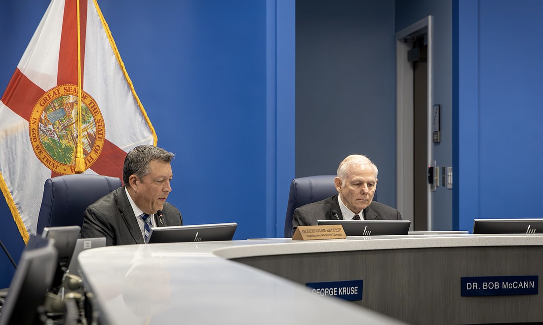 Commissioners George Kruse and Bob McCann are on opposite sides of the AAA High School vote. Kruse voted in favor of approving the site plan, and McCann voted to deny the site plan.