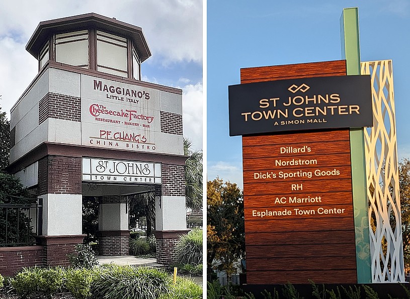 Left, the St. Johns Town Center monument sign from when the shopping center was built in 2005. Right, the new sign at Midtown Parkway and Town Center Parkway. This is the entrance that leads directly toward Maggiano's Little Italy restaurant. Left, the St. Johns Town Center monument sign from when the shopping center was built in 2005. Right, the new sign at Midtown Parkway and Town Center Parkway. This is the entrance that leads directly toward Maggiano's Little Italy restaurant.
