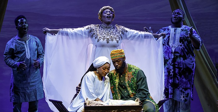 Stephanie Zandra plays the Archangel who looks down over Joseph (Eustace Williams) and Mary (Maicy Powell) in Westcoast Black Theatre Troupe's "Black Nativity," which runs through Dec. 21.