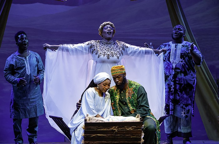 Stephanie Zandra plays the Archangel who looks down over Joseph (Eustace Williams) and Mary (Maicy Powell) in Westcoast Black Theatre Troupe's "Black Nativity," which runs through Dec. 21.