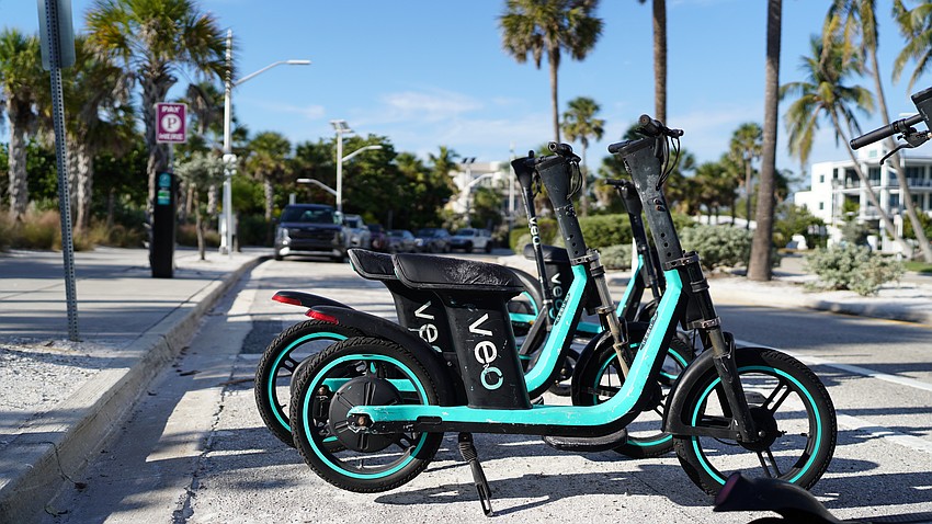 Veo scooters and e-bikes are available for rent in Sarasota city limits with Veo’s app-based service.