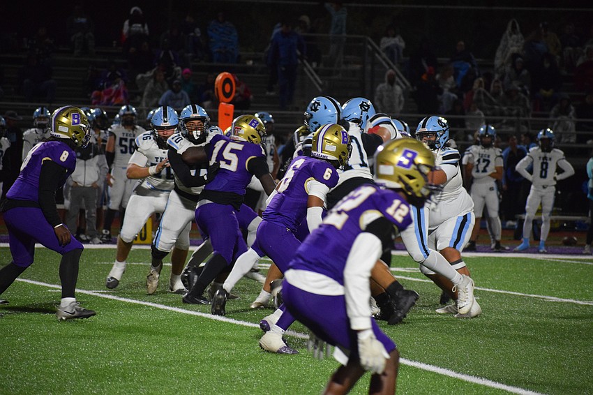 Booker's defense clamps down on Nature Coast Tech's offense during their Nov. 28 battle. The Tornadoes finished their regional run having outscored opponents by a combined 193-14, one of the most dominant efforts in the state.