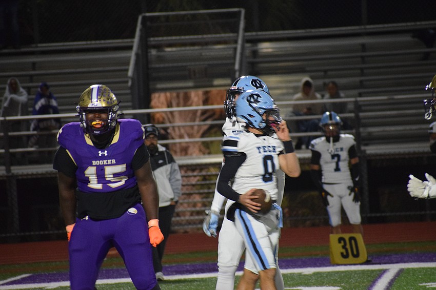 Junior defensive lineman Maleek Lee (15) celebrates after an emphatic sack of Nature Coast Tech quarterback Cashis Williams. As of Nov. 21, he led Booker with 46 solo tackles.
