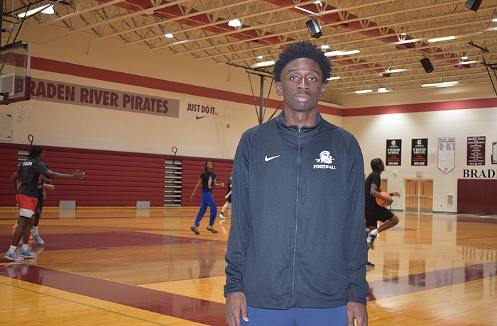 Anquan Polynice poses for a photo before a Dec. 1 practice at Braden River High School. Now standing at 5-foot-10, he averaged 15.0 points and 2.0 steals per game as a sophomore.