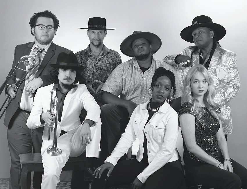 The Shaelyn Band consists of (back row) Moses Maldonado, Erik Guess, Tim Mulberry, and Curtis Harris and (front row) Isaiah Gaytan, Shaelyn Mulberry, and Win Carlson. Gerard Guida is not pictured.