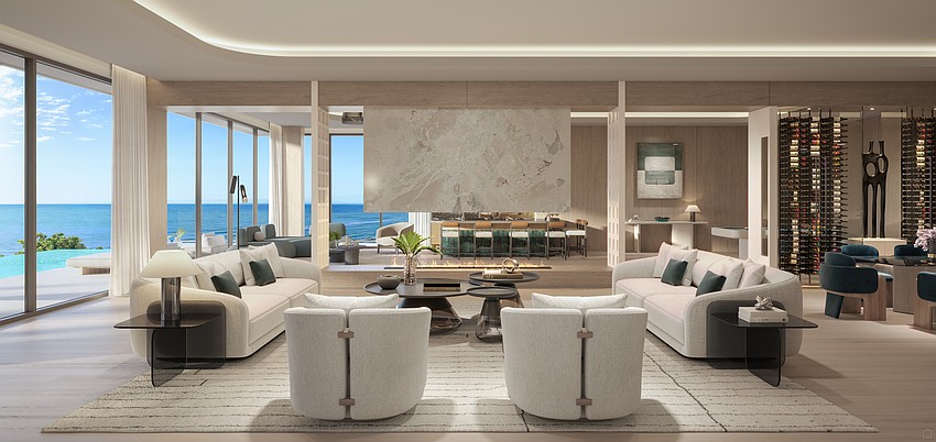 Rendering of a living room inside the Beachfront Villas at Olana Naples Residences, located at 1121 Gulf Shore Boulevard North in Naples.