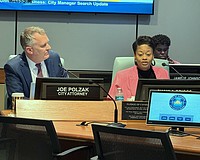 Sarasota City Attorney Joe Polzak and City Auditor and Clerk Shayla Griggs during a meeting of the Sarasota City Commission.