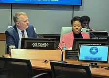 Sarasota City Attorney Joe Polzak and City Auditor and Clerk Shayla Griggs during a meeting of the Sarasota City Commission.