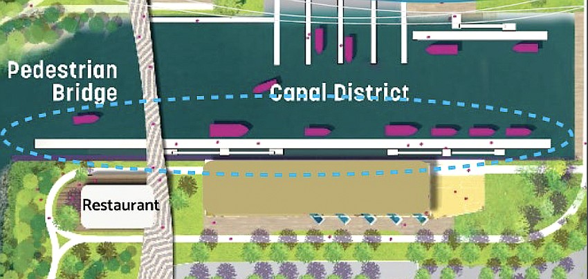 A conceptual map shows the location of the floating day dock in the 10th Street boat basin outlined in blue. No longer planned is the pedestrian bridge over the canal.