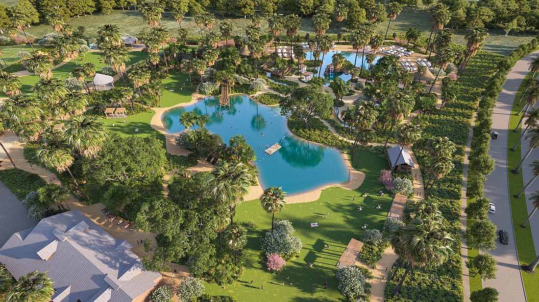 A rendering of the pool and lake in ViaTerra, a mixed use community being developed by BTI Partners in Lake Wales.