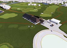 A schematic drawing of a one-story clubhouse at Bobby Jones Golf Club.