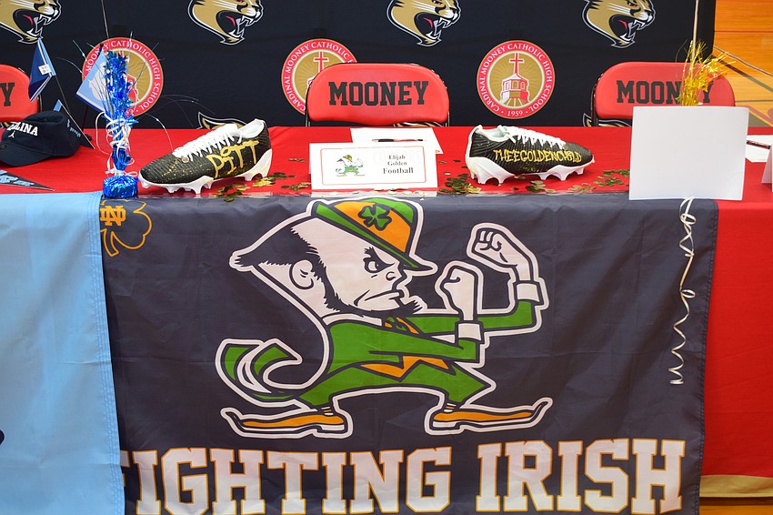 Elijah Golden's seat — and his custom cleats await — as he signs with Notre Dame. The four-star defensive lineman is the No. 83 overall recruit in the Class of 2026, per ESPN.