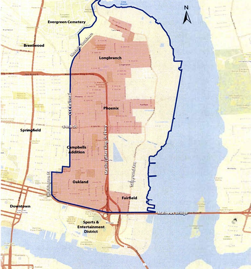 The Jacksonville Eastside neighborhood north of EverBank Stadium comprises five neighborhoods: Campbells Addition, Fairfield, Longbranch, Oakland and Phoenix.