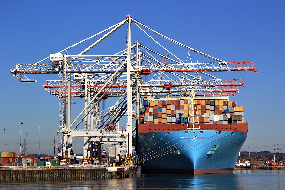A ship-to-shore crane in Southampton, UK made by Liebherr Container Cranes Ltd.