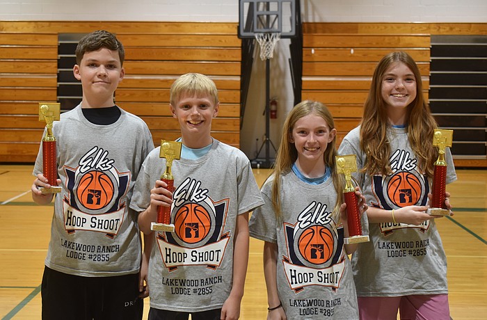 Out of 30 free throws, Braylen Bolema made 20, Liam Goutos made 21, Emma Bullock made 15 and Claire Bollock made 19 to win their age divisions of the Elks Hoop Shoot Dec. 5.
