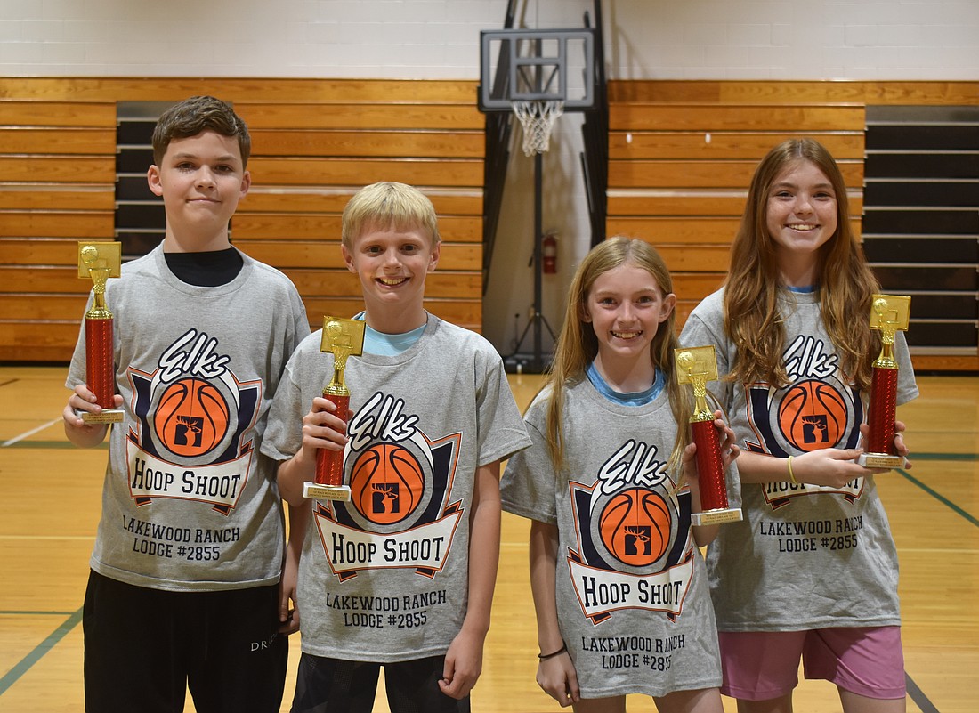 Out of 30 free throws, Braylen Bolema made 20, Liam Goutos made 21, Emma Bullock made 15 and Claire Bollock made 19 to win their age divisions of the Elks Hoop Shoot Dec. 5.