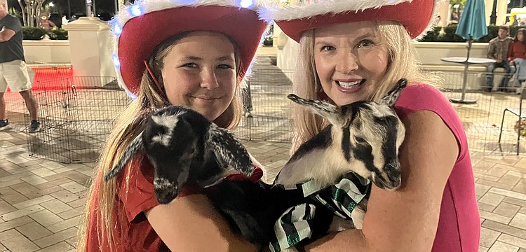 Myakka City 12-year-old Aliyah Burnett helps her neighbor, Corinn Smith of Blissful Goat Yoga, with the goats. She dressed them in Christmas outfits for Ranch Nite Wednesday Dec. 3.