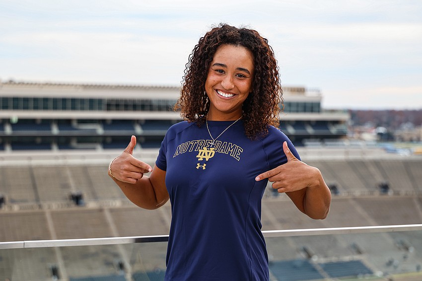 Gabriella Rawles poses for a photo with her Fighting Irish gear. The five-star recruit ranks No. 5 in Florida for the Class of 2026, per Tennis Recruiting Network.