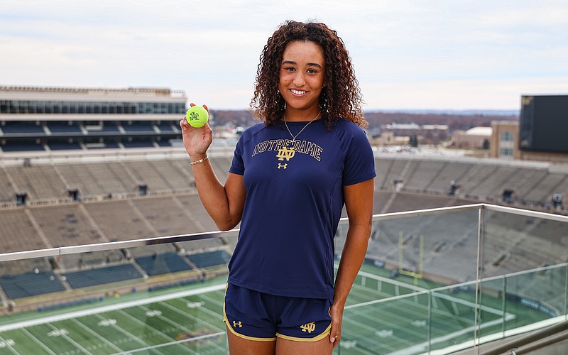Gabriella Rawles holds a Fighting Irish tennis ball and poses for a photo at Notre Dame Stadium. The senior at ICL Academy online is headed to South Bend, Indiana, in January as an early enrollee.